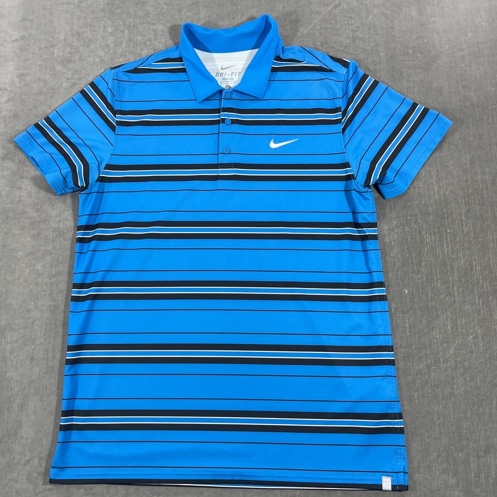 Nike Dri Fit Mens Large Blue Black White Stripe Short Sleeve Golf Polo‎ Shirt